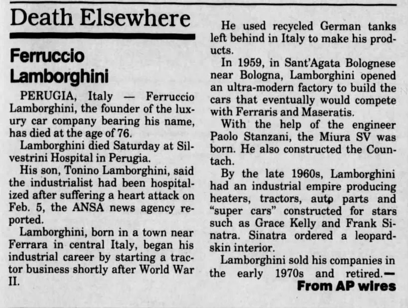 Artikkeli Ferruccio Lombarghinin kuolemasta vuonna 1993