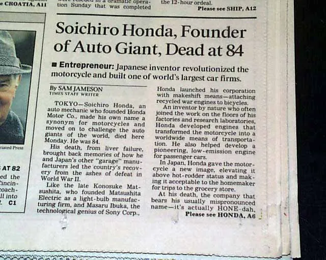 Ensimmäinen raportti Soichiro Hondan kuolemasta - Los Angeles Times 1991